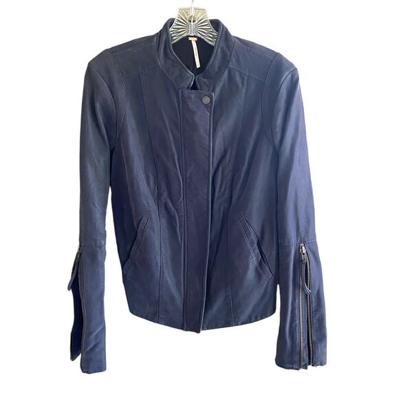 NWT FREE PEOPLE Jacket 8 Navy Blue Moto Zippers Stretch Inserts in Sleeves - Picture 14 of 15